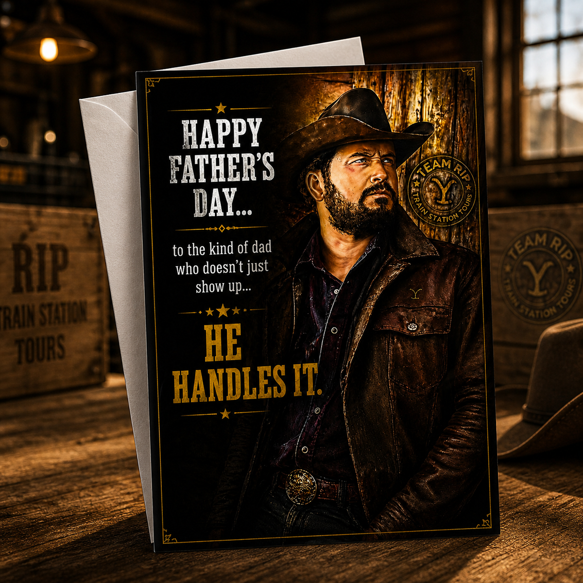HAPPY FATHER'S DAY – HE HANDLES IT (Rip Wheeler / Yellowstone) Greeting Card by Chris Tutty