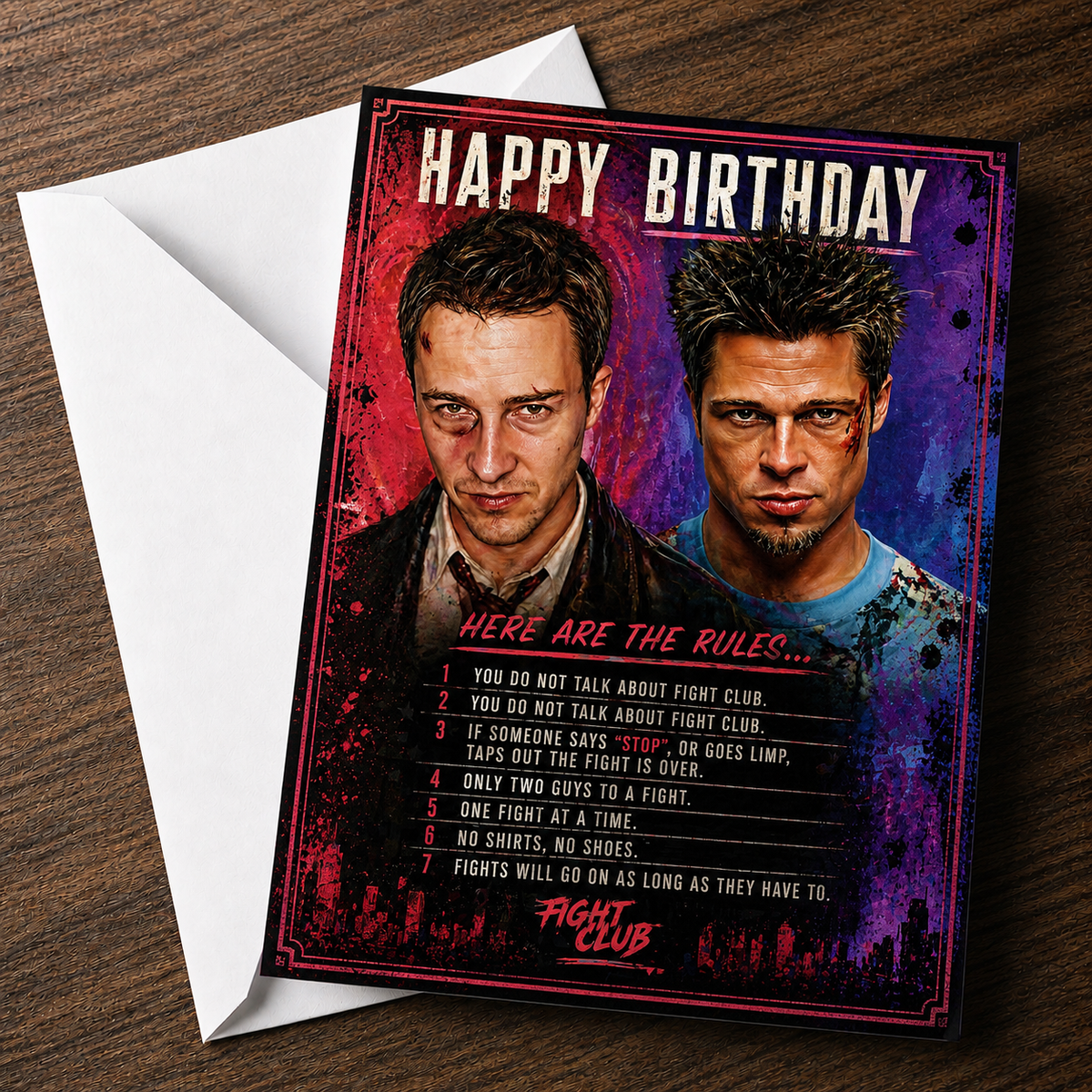 HAPPY BIRTHDAY – HERE ARE THE RULES (Fight Club) Greeting Card by Chris Tutty