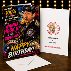 Wanna Hook Up on Your Birthday? — Gretzky Hook Up Greeting Card by Chris Tutty
