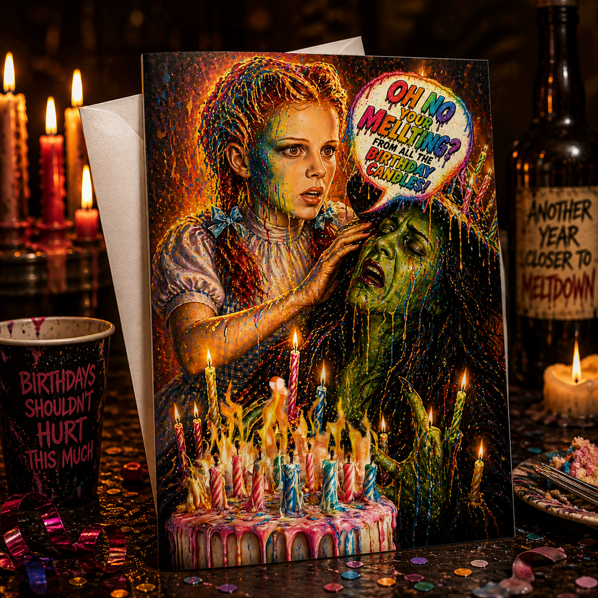 OH NO YOUR MELTING? B-DAY MELT DOWN (Wizard of Oz) Greeting Card by Chris Tutty