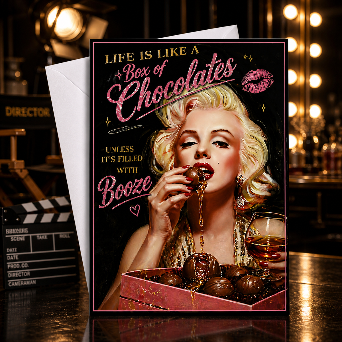 LIFE IS LIKE A BOX OF CHOCOLATES – UNLESS IT'S FILLED WITH BOOZE (Marilyn Monroe) Greeting Card by Chris Tutty