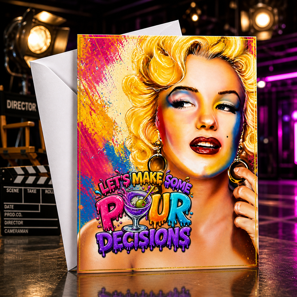 LET'S MAKE SOME POUR DECISIONS (Marilyn Monroe) Greeting Card by Chris Tutty