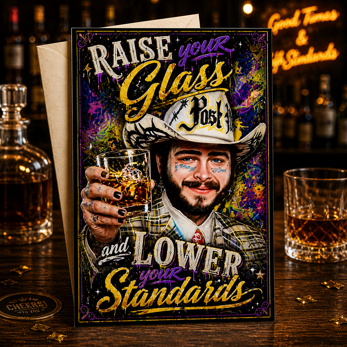 Raise Your Glass and Lower Your Standards. Happy Birthday! — Post Your Standards Card by Chris Tutty