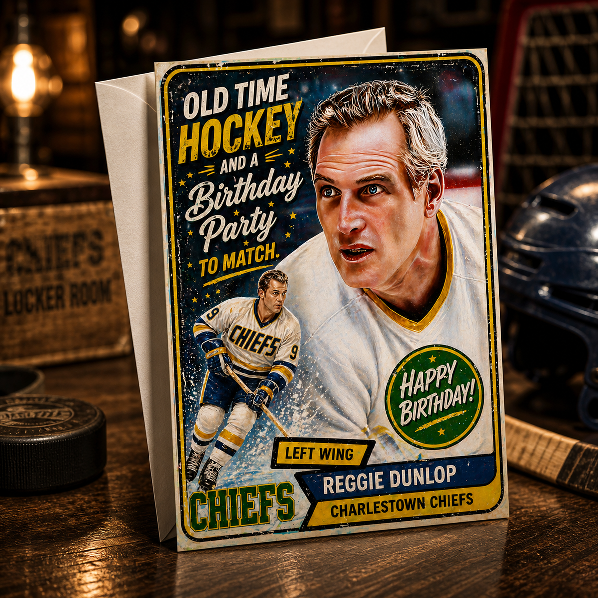 Old Time Hockey and a Birthday Party to Match! — Reggie Dunlop Charlestown Chiefs Card by Chris Tutty