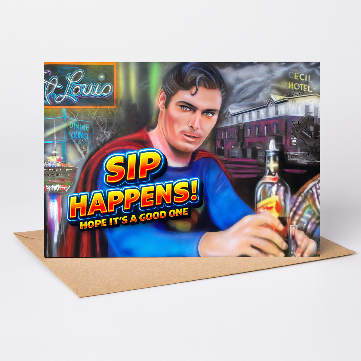 Sip Happens! Hope It's a Good One — Superman Greeting Card by Chris Tutty