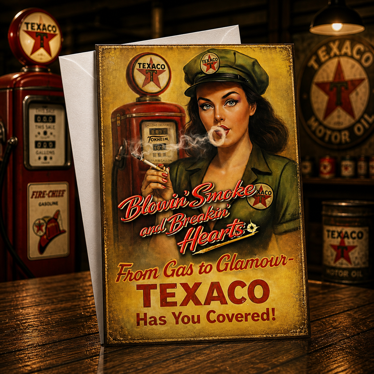 Blowin’ Smoke and Breakin’ Hearts — From Gas to Glamour, Texaco Has You Covered! — Card by Chris Tutty