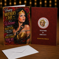 HAPPY MOTHER'S DAY – NO MATTER HOW TIED UP SHE GETS (Tied Up Mom / Wonder Woman) Greeting Card by Chris Tutty