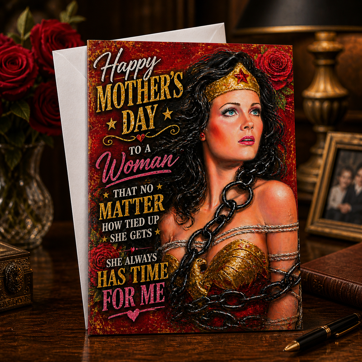 No Matter How Tied Up She Gets, She Always Has Time For Me — Wonder Woman Mother’s Day Card by Chris Tutty