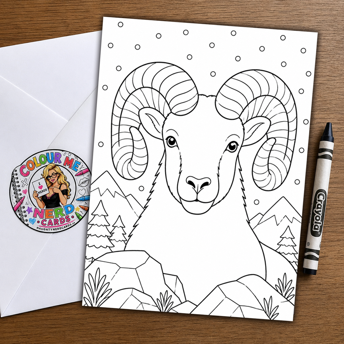 Big Horn Sheep – Colour Me Nerd Card for Kids – Art by Chris Tutty