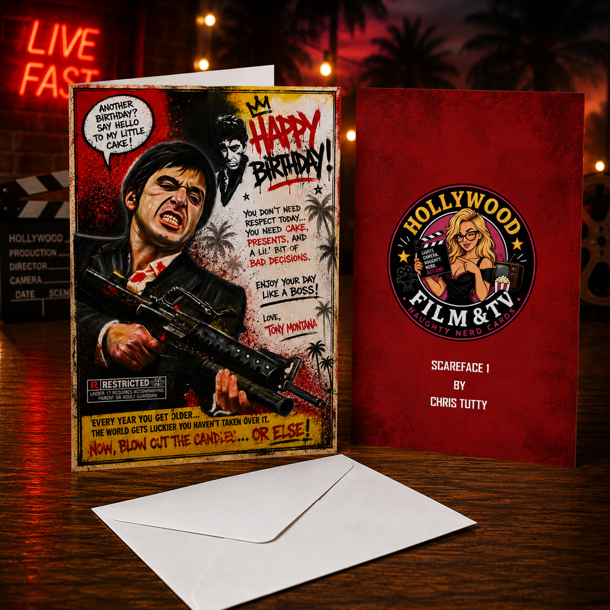 Scarface Birthday Card – Say Hello to My Little Cake –  Tony Montana (Al Pacino) Art by Chris Tutty
